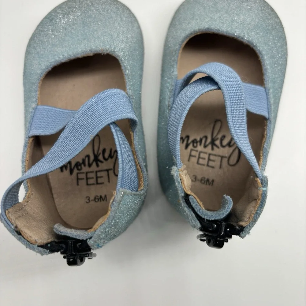 Monkey Feet Shoes Lot Of 2 Baby Girl Size 3-6 Months Blue Flower Flat Soft Soled
